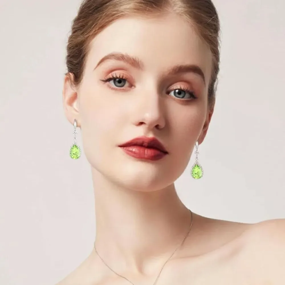 14K White Gold with Peridot Green Cubic Zirconia Teardrop Hook Dangle Earrings